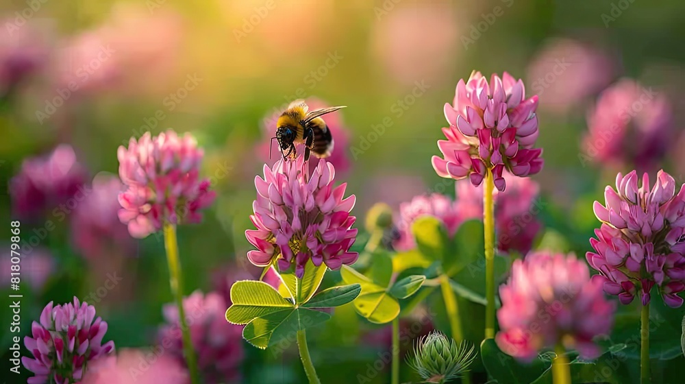 A field of purple clover flowers attracting bees and butterflies. A field of purple clover flowers attracting bees and butterflies.