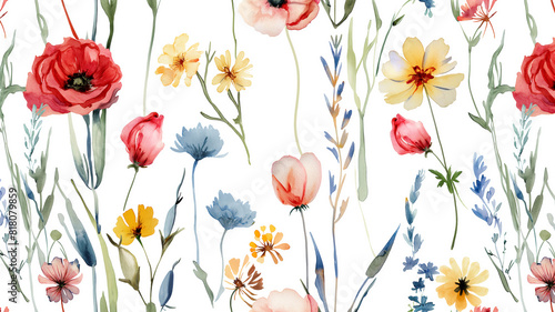 Wallpaper Mural ilustracion estilo acuarelas sobre flores del campo fondo blanco Torontodigital.ca