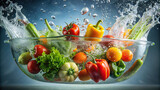 Various vegetables immersed in a basin of clear water, with bubbles and ripples adding a dynamic touch to the scene