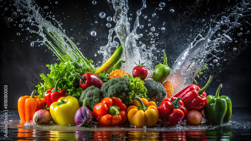 Colorful vegetables being rinsed under a torrent of water, the splashes adding energy to the scene against a dark backdrop