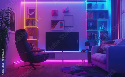Modern interior of the living room with a TV, armchair and bookcase illuminated in neon light colors. Interior design