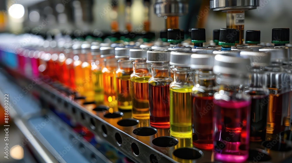 Organic chemistry research, scientist adjusting levels on a spectrometer, colorful chemicals in vials on bench Organic chemistry research, scientist adjusting levels on a spectrometer, colorful chemicals in vials on bench