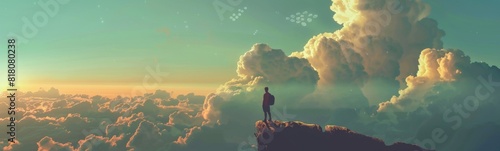 Man standing on a mountain looking at the sky photo