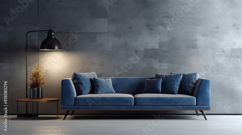 3d rendering of  a Blue sofa in front of the grunge concrete wall with lamp and decoration.