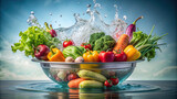 Various vegetables cascading into a shallow basin of water, creating ripples and splashes against a serene pastel background