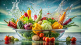 Various vegetables cascading into a shallow basin of water, creating ripples and splashes against a serene pastel background