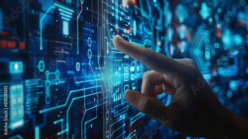 Digital technology, internet network connection concept. Finger touching on virtual screen with futuristic technology background, data exchange, digital transformation