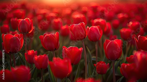 A field of bright red tulips in full bloom. #818081876