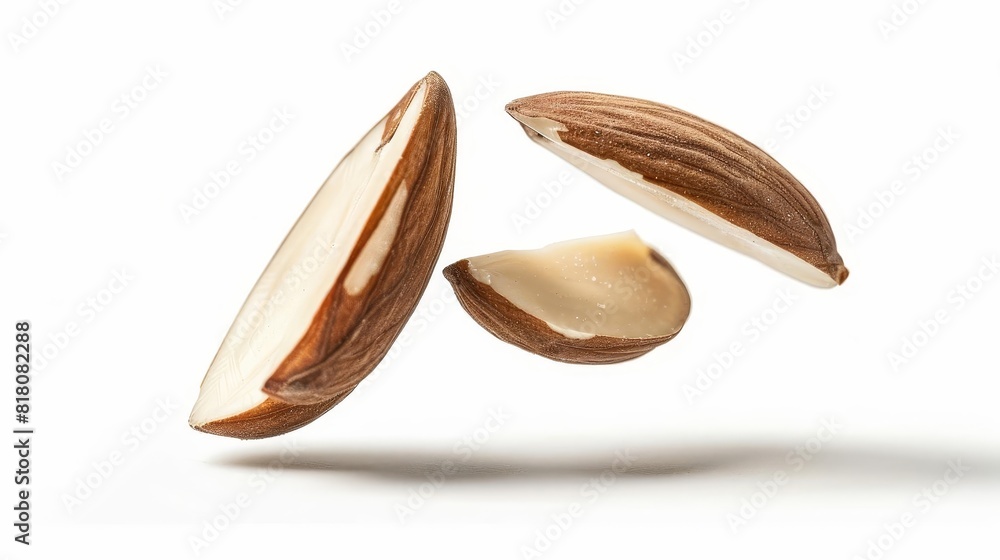 levitating almonds sliced in half isolated on white background healthy food concept levitating almonds sliced in half isolated on white background healthy food concept