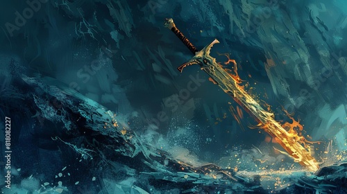 legendary flaming sword stuck in stone fantasy medieval blade awaiting chosen hero digital painting photo