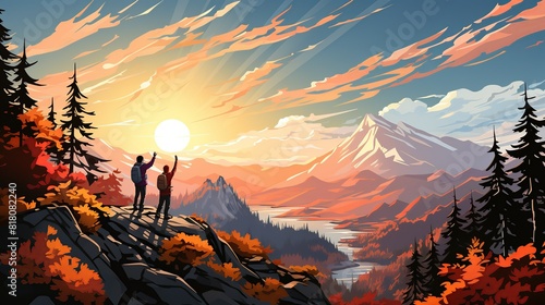 Lifestyle Concept, Friends cheering and high-fiving after completing a challenging hike. surrealistic Illustration image,
