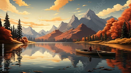 Lifestyle Concept, Friends enjoying a boat ride on a calm lake surrounded by mountains. surrealistic Illustration image,
