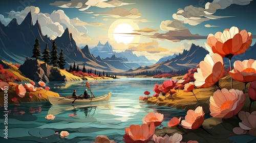 Lifestyle Concept, Friends enjoying a leisurely kayak trip along a winding river. surrealistic Illustration image,