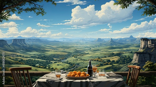 Lifestyle Concept, Friends enjoying a picnic lunch at a scenic viewpoint overlooking a valley. surrealistic Illustration image,