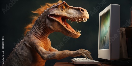 Dinosaur using computer, concept of Jurassic technology © koldunova