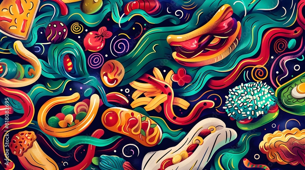 Vibrant Scribble Inspired Doodle Compilation of Whimsical Snack Foods and Abstract Flowing Designs Generative ai