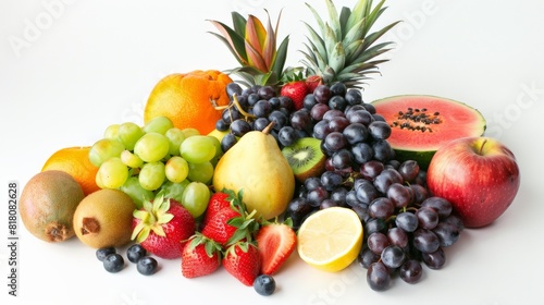A variety of fruits are arranged in a pile.