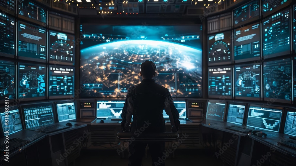 Space exploration mission control room, monitoring and directing interstellar missions Space exploration mission control room, monitoring and directing interstellar missions