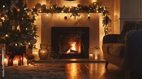 Fireplace with Christmas decorations and glowing lamp