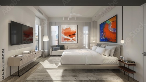 A contemporary bedroom features a large bed  abstract art on the walls  a flat-screen TV  a sitting area  and ample natural light from large windows.