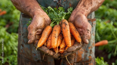 A farmer's hands holding a bundle of freshly harvested carrots.