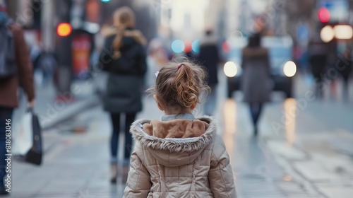 lonely little girl standing unnoticed on busy city street people walking by social issues concept