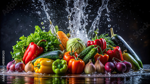 Various vegetables getting a refreshing rinse under a fountain of water, their colors popping against a dramatic dark background