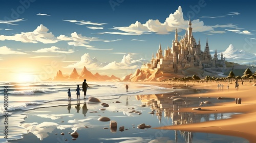 Lifestyle Concept, A family building sandcastles and playing games on a sunny beach. surrealistic Illustration image,