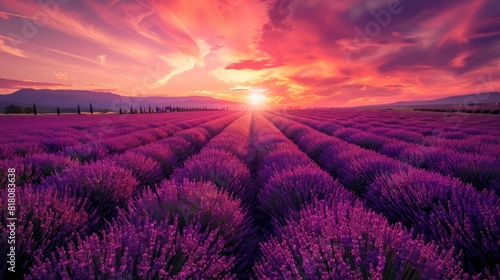 A field of lavender flowers with a beautiful sunset in the background