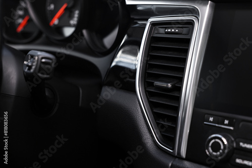 Inside of modern black car, closeup view
