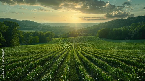 A field of vibrant green corn stretching to the horizon.