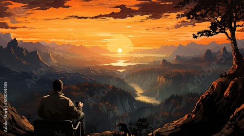 Lifestyle Concept, A person sipping coffee while enjoying the sunrise from a mountaintop lookout. surrealistic Illustration image,