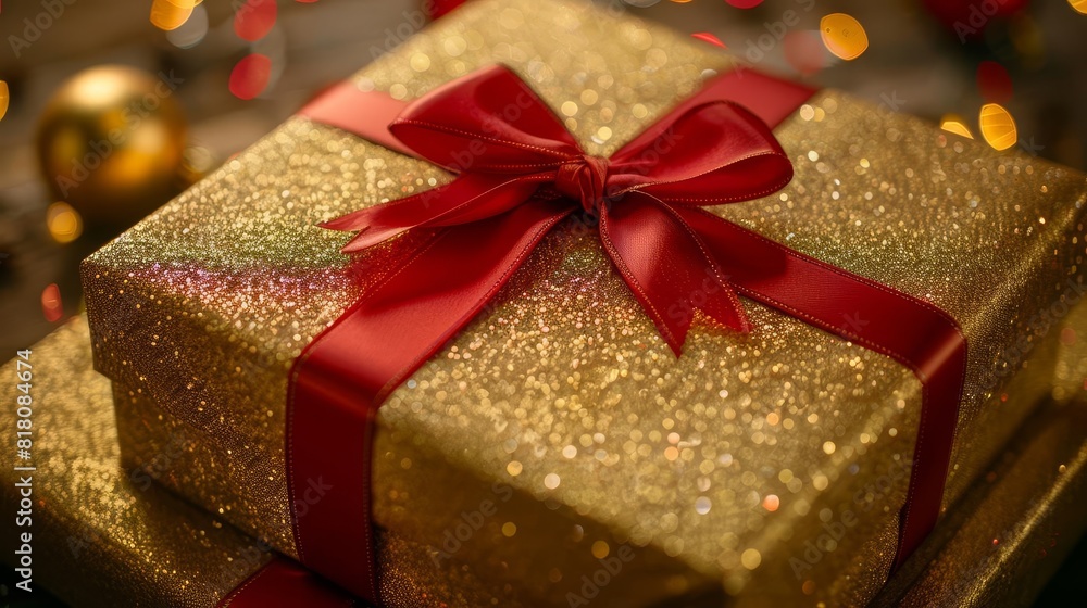 luxurious golden gift box with shiny red ribbon and bow product photography luxurious golden gift box with shiny red ribbon and bow product photography