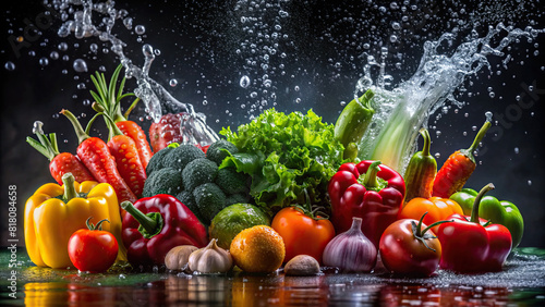 Colorful assortment of farm-fresh vegetables getting a cleansing splash of water  with droplets suspended mid-air against a dark  dramatic background.