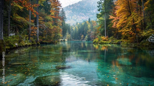 Nature's Beauty: A breathtaking landscape featuring a lush forest with a crystal-clear river flowing through it. The vibrant colors of the trees and the serene water create a sense of tranquility and 