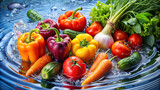 A selection of assorted vegetables immersed in a basin of water, with gentle ripples forming as they are delicately cleaned, symbolizing the freshness of farm produce.