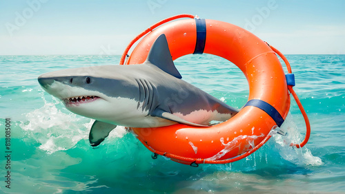 Sharks in the sea. Sea vacation concept. Cheerful smiling shark in an orange lifebuoy in sea 