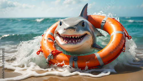  smiling shark in an orange lifebuoy in sea water and foam on the seashore.


