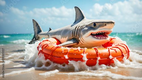 Sharks in the sea. Sea vacation concept. Cheerful smiling shark in an orange lifebuoy in sea water and foam on the seashore.

