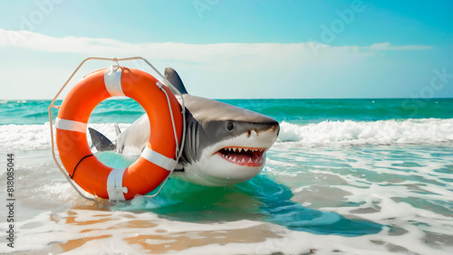  Cheerful  shark in an orange lifebuoy in sea water and foam on the seashore.

