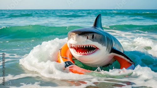 Sharks in the sea.Cheerful smiling shark in an orange lifebuoy in sea water and foam 