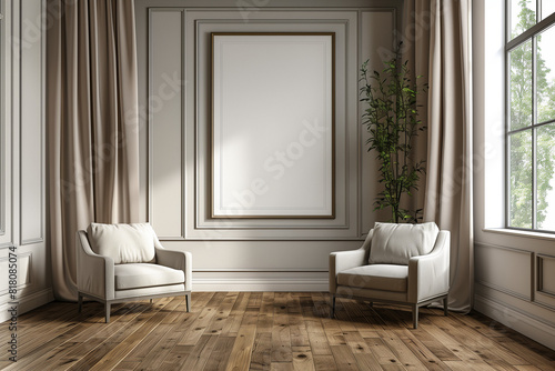 Large wall frame for poster mockup on living room wall. A spacious room with a modern design  armchair  and a tall flower pot in a pot in the corner. Modern interior design. 3D rendering