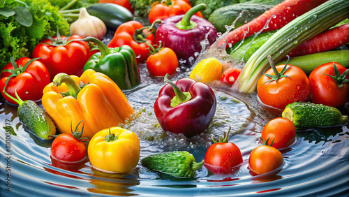 A selection of assorted vegetables immersed in a basin of water  with gentle ripples forming as they are delicately cleaned  symbolizing the freshness of farm produce.