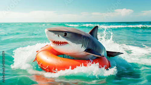 Sharks in the sea. Cheerful smiling shark in an orange lifebuoy in sea water 