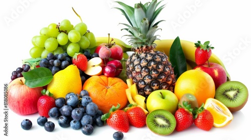 A variety of fruits  including apples  grapes  bananas  pineapple  oranges  and strawberries