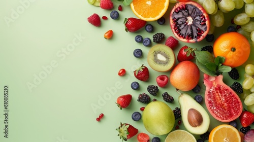 Assortment of fruits on green pastel with copy space