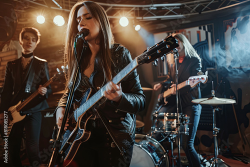 Rock music band performing with female guitarist, drummer and a male singer
