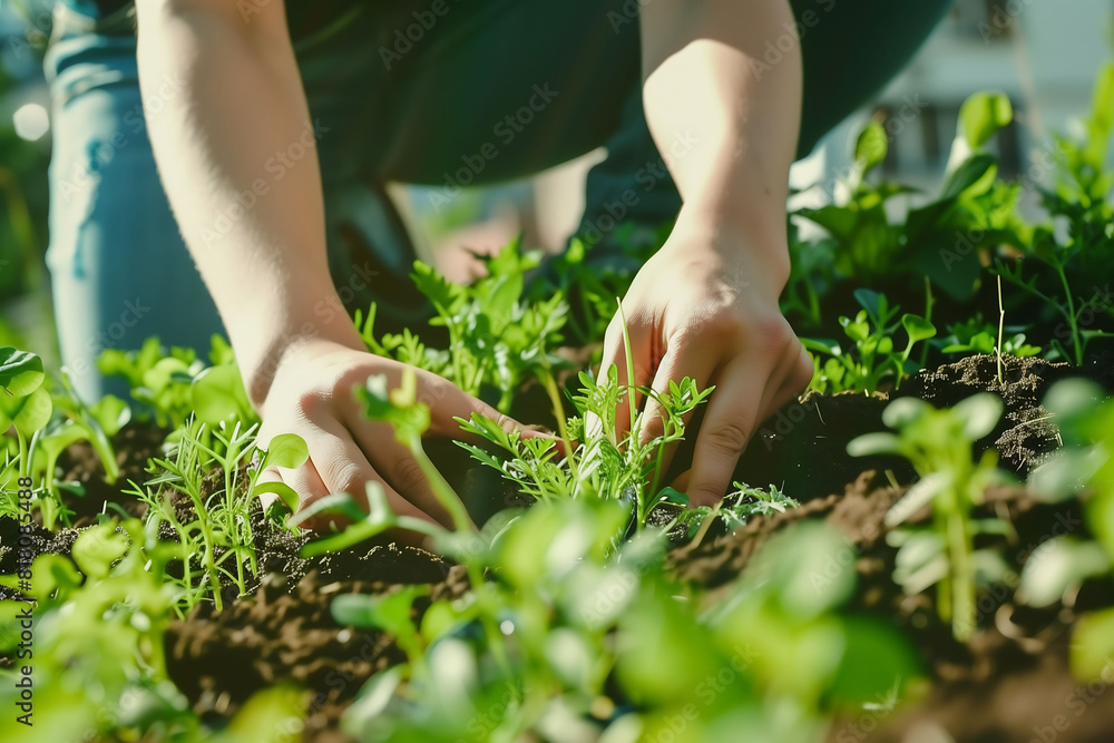 Hands Tending to Young Plants in a Garden, Gardening and Nature Care