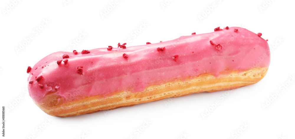Delicious eclair covered with pink glaze isolated on white Delicious eclair covered with pink glaze isolated on white