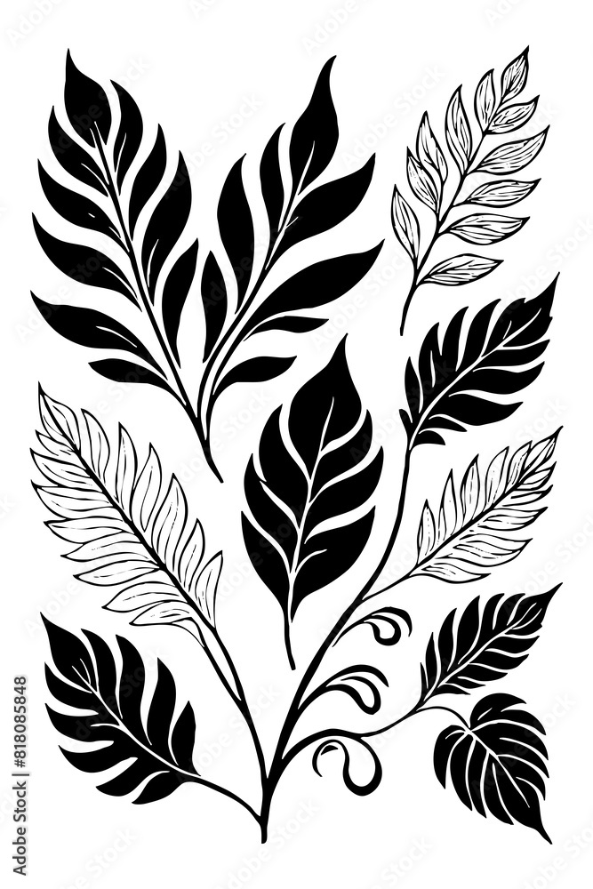 Leaves . Black and white botanical pattern. For use in graphics, materials. Abstract plant shapes. Minimalist illustration for printing on wall decorations. Generated by Ai Leaves . Black and white botanical pattern. For use in graphics, materials. Abstract plant shapes. Minimalist illustration for printing on wall decorations. Generated by Ai